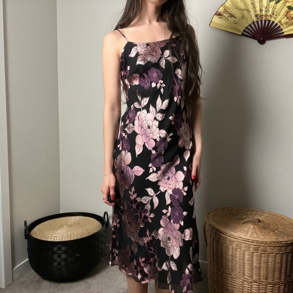 90s vintage fairy black purple floral satin burnout slip midi dress